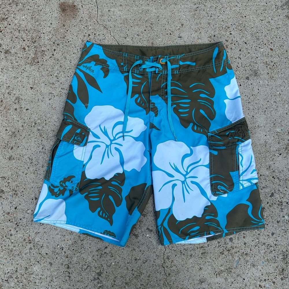 Vintage Quiksilver Swim Trunks Short Mens 30 Blue Hibiscus Floral Embroidered